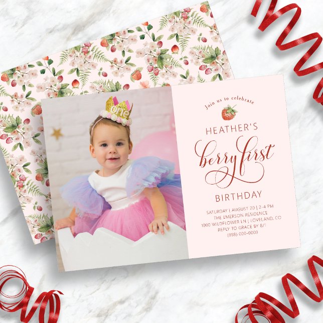 Berry First Photo Birthday Convite (Pink Berry First Photo Birthday Invitation by Painted Paperie
)