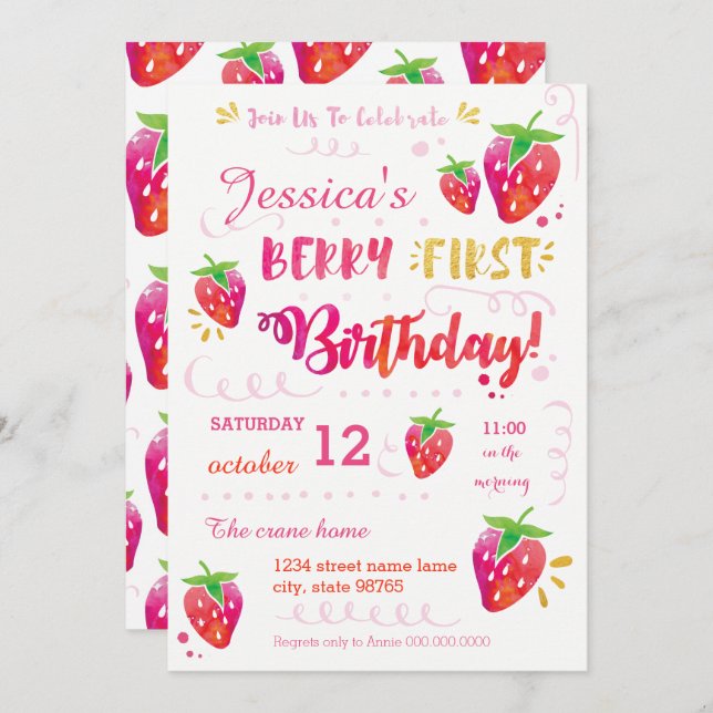 Berry First Strawberry Birthday Pary Convite (Frente/Verso)