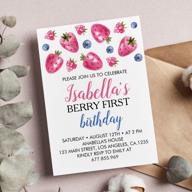 Berry Primeiro Aniversário Convite Strawberry Tema (Criador carregado)