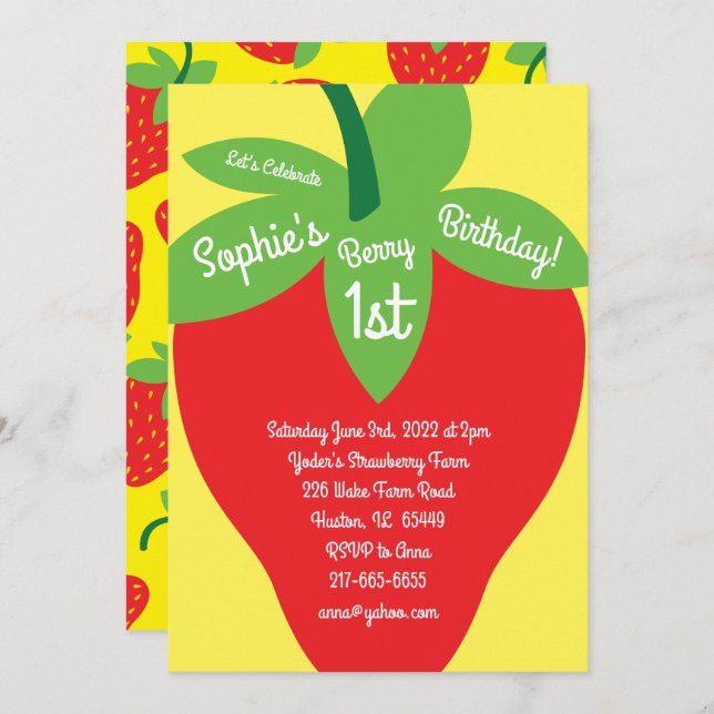Berry primeiro aniversario Mod Strawberry Convites (Frente/Verso)