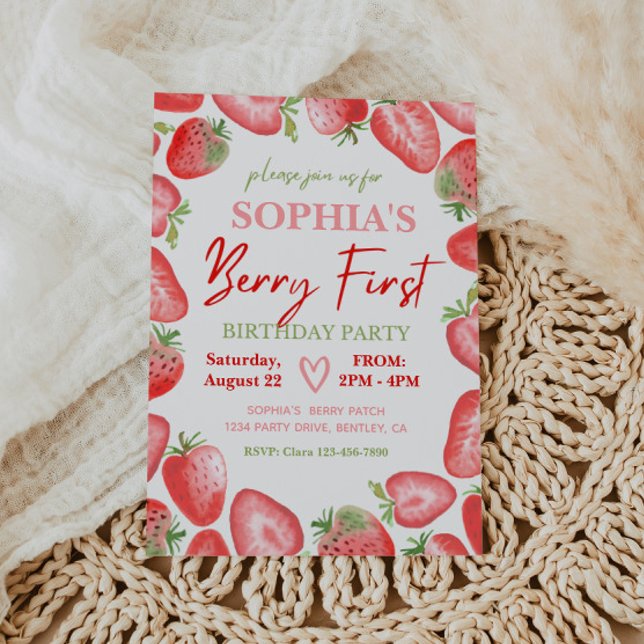 Berry Primeiro Convite de Aniversário | Morango (Criador carregado)