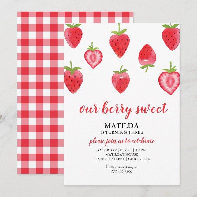 Berry Sweet Strawberry Girl Birthday Convite (Frente/Verso)
