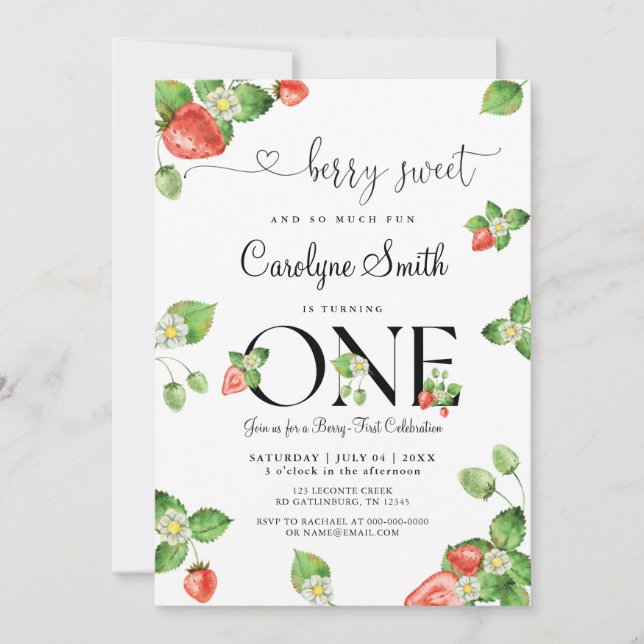 Berry Sweet Strawberry Primeiro Convite de Anivers (Frente)