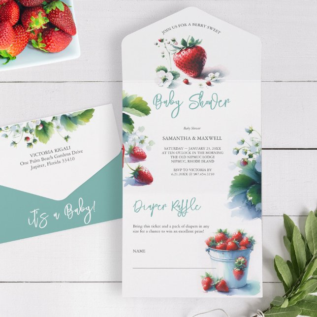 Berry Sweet Watercolor Chá de fraldas de Morango (Strawberry baby shower invitation with detachable diaper raffle card watercolor )