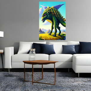 Besta verde-assustada na montanha AI Art Poster