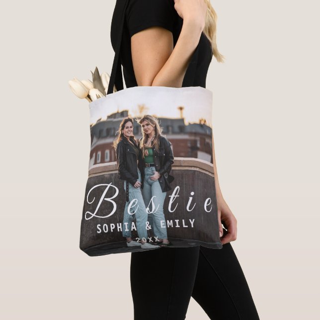 Bestie Photo Collage Tote Bag – Custom Names & Yea (Close Up)