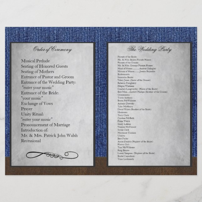 Bi Fold Denim Western Wedding Ceremony Programs (Frente)