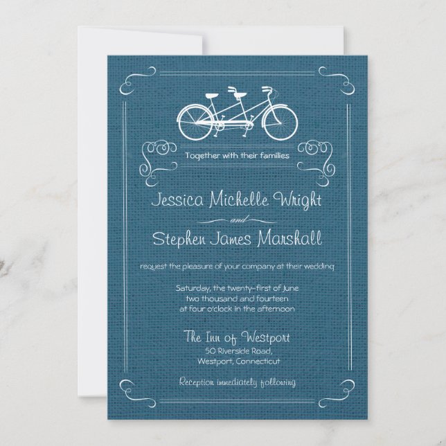 Bicicleta para Dois Convites de Casamento Blue Bur (Frente)