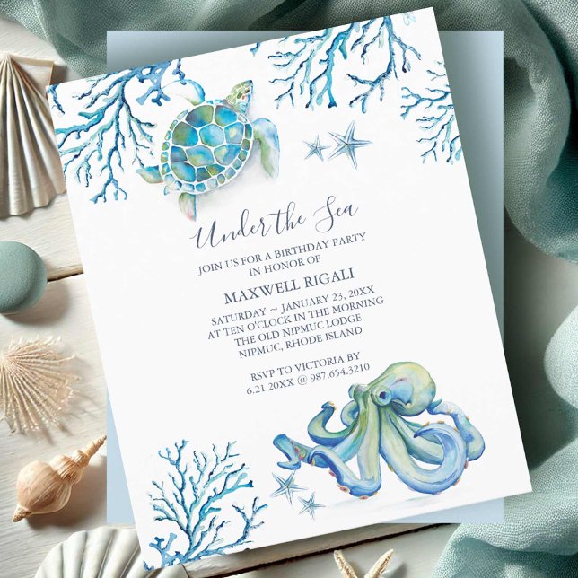 Bicicletas do Oceano Cinto Orçamento Aniversário C (Birthday invitations for kids under the sea theme watercolor art Victoria Grigaliunas DoTellABelle)