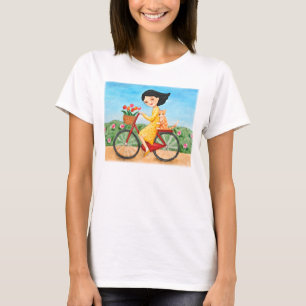 Bicycle a menina bonito & o gato do t-shirt do