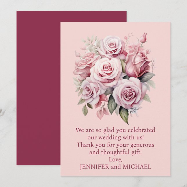 Bilhete de Agradecimento de Casamento com Rosas Pi (Frente/Verso)
