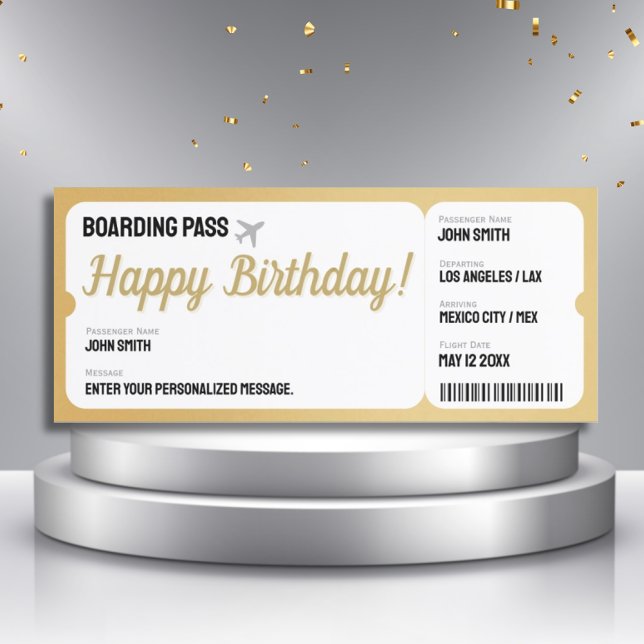 Bilhete de Avião Dourado - Convite de Cartão de Em (Golden Faux Plane Ticket Card - Birthday Flight Gift)