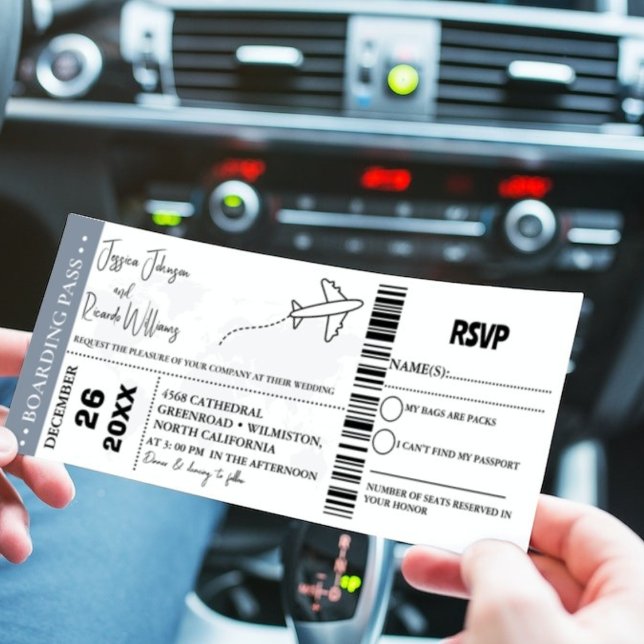 Bilhete de embarque de convite de casamento azul (Criador carregado)