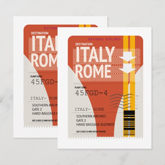 bilhete de férias Itália Roma (Frente/Verso)