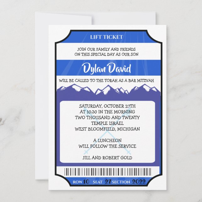 BILHETE DE TELEFÉRICO Bar Bat Mitzvah Convite (Frente)