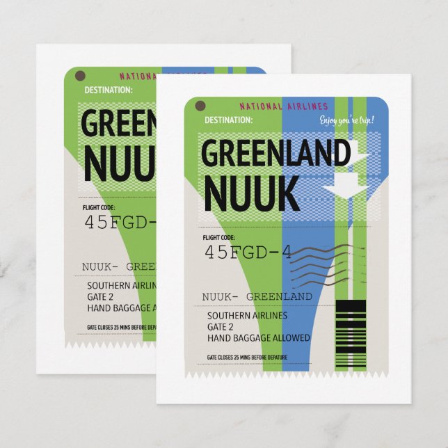 Bilhete de viagem para Nuuk, Groenlândia (Frente/Verso)