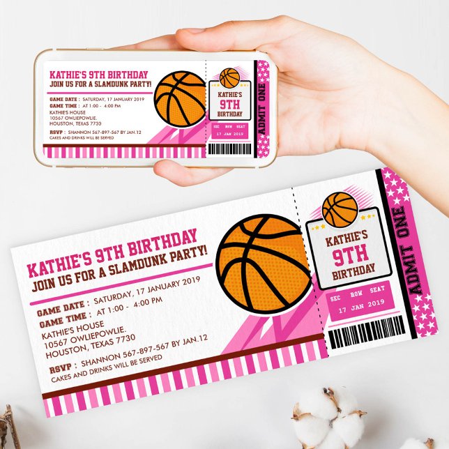 Bilhete Rosa de Basquete Passou o Convite de Anive (Criador carregado)