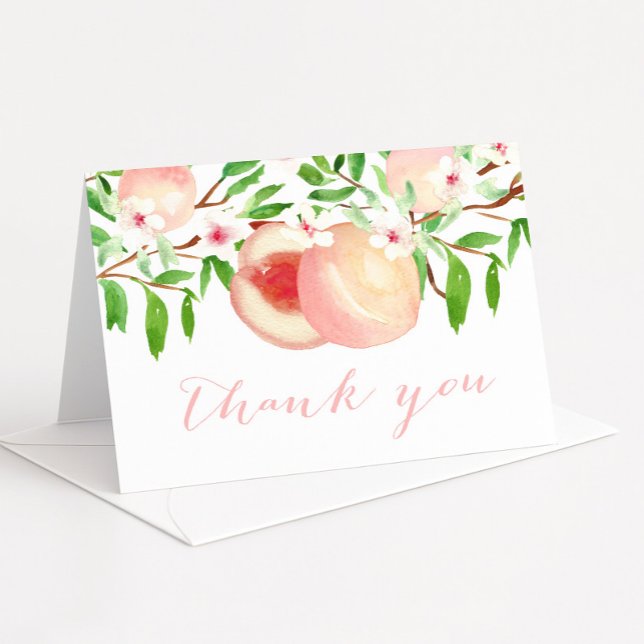 Bilhetes de Agradecimento de Chá de Bebê, Pomar de (Sweet as a peach folding thank you card design featuring pretty watercolor peaches and leaves)