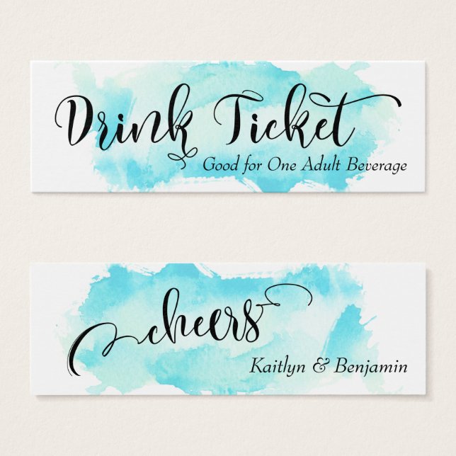 Bilhetes de Bebida com Letra Preta e Aguarela Aqua (Frente & Verso)