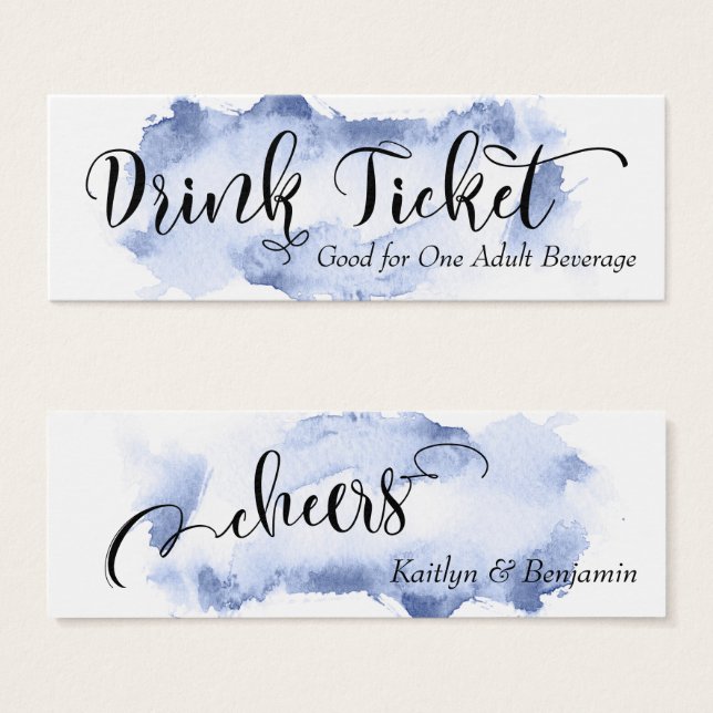 Bilhetes de Bebida com Letra Preta e Aquarela Azul (Frente & Verso)