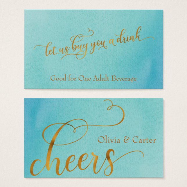 Bilhetes de Bebida, Elegante Letra Dourada c/ Aqua (Frente & Verso)