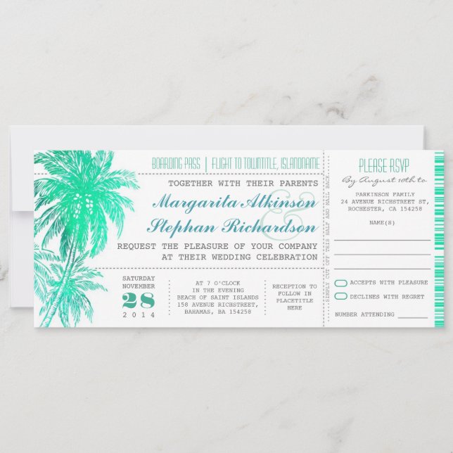 Bilhetes de casamento de praia tropical - cartão d (Frente)