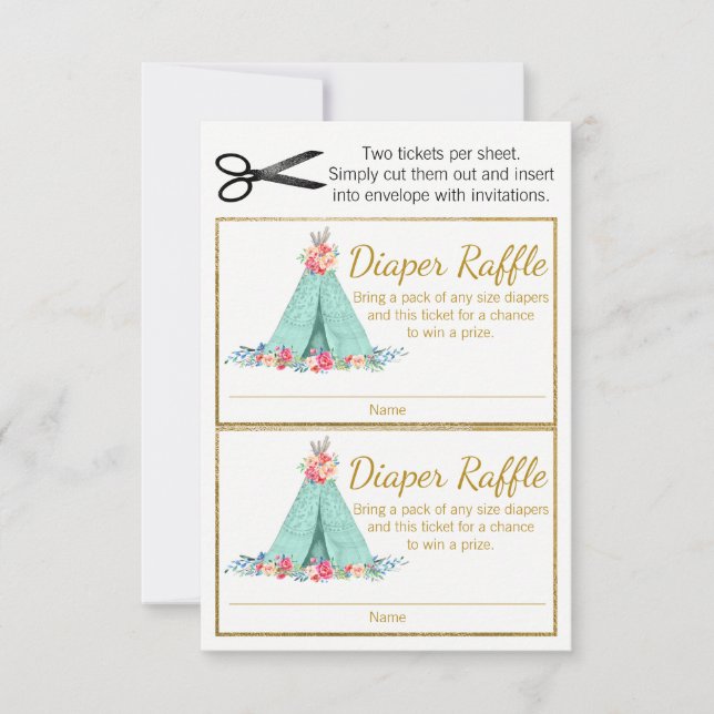 Bilhetes de rifa de fraldas TeePee para meninas (Frente)