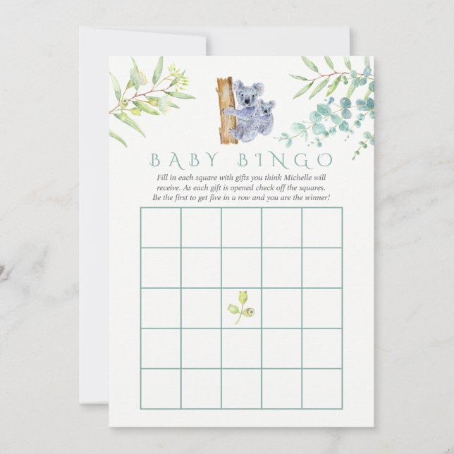Bingo de Bebê Folhas de Eucalipto Urso Coala Fofo (Frente)