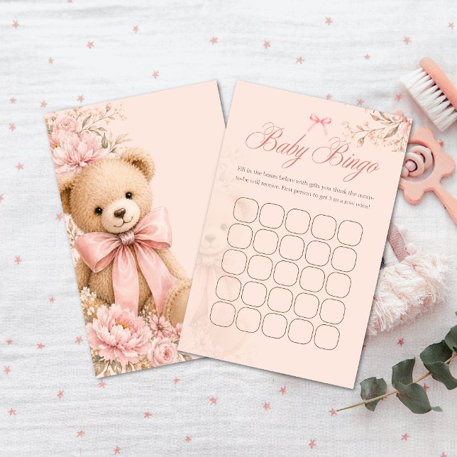 Bingo de Chá de Bebê Rosa Urso de Pelúcia Floral J (Criador carregado)