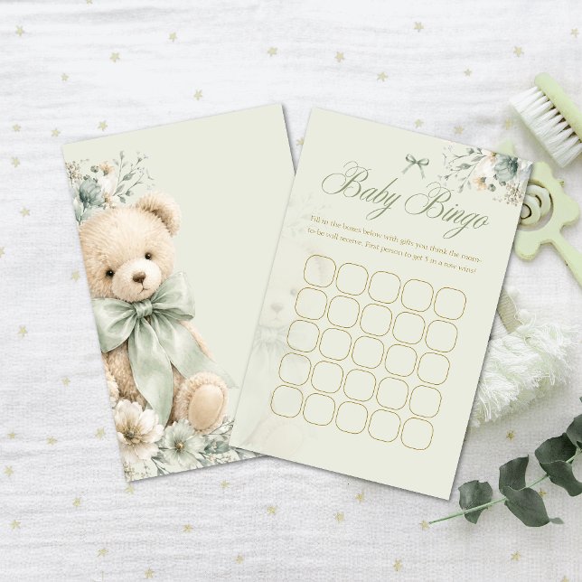 Bingo de Chá de Bebê Verde Salvia Urso de Pelúcia  (Criador carregado)