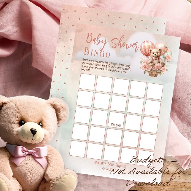 Bingo de Chá de fraldas de Garota Rosa (Teddy Bear in a Hot Air Balloon -- Pink Flowers Girl Baby Shower Bingo Game Board -Budget Print Only)