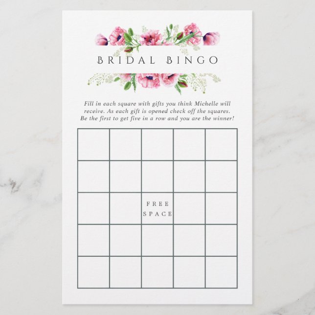 Bingo de Chás de Bebê com Papoulas Rosa em Aquarel (Frente)