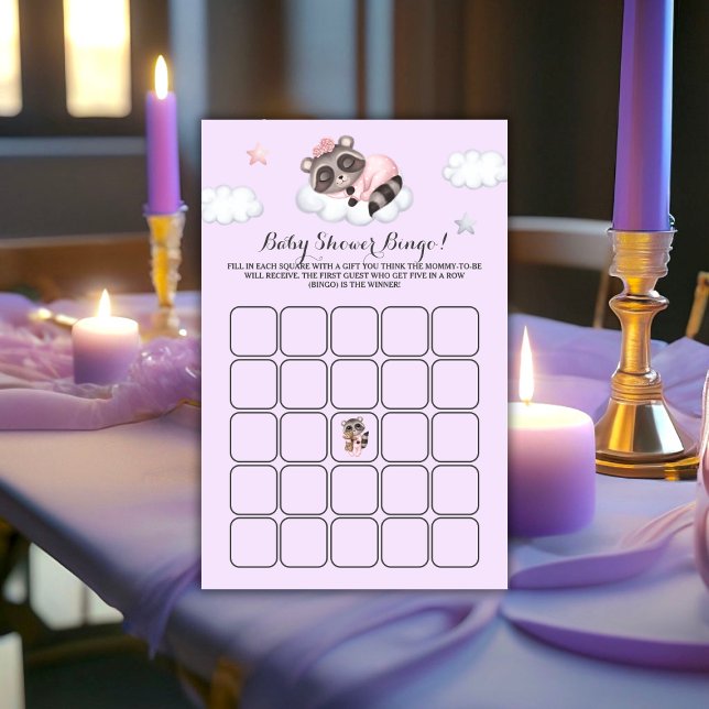 Bingo de Lavanda do Raccoon (Gentle Raccoon Animal Girl Baby Shower Game Bingo)