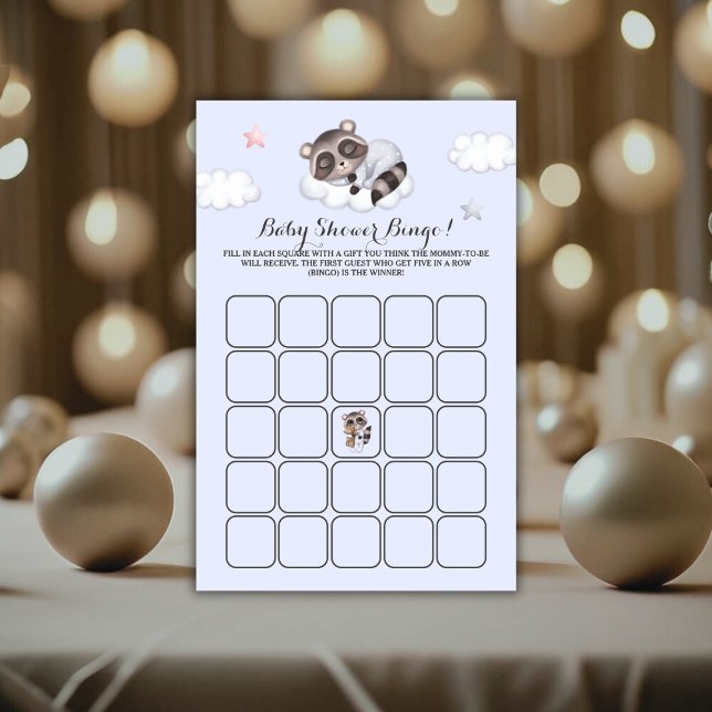 Bingo do jogo de Chá de fraldas de guaxinim (Cute Raccoon Baby Shower Game Bingo)