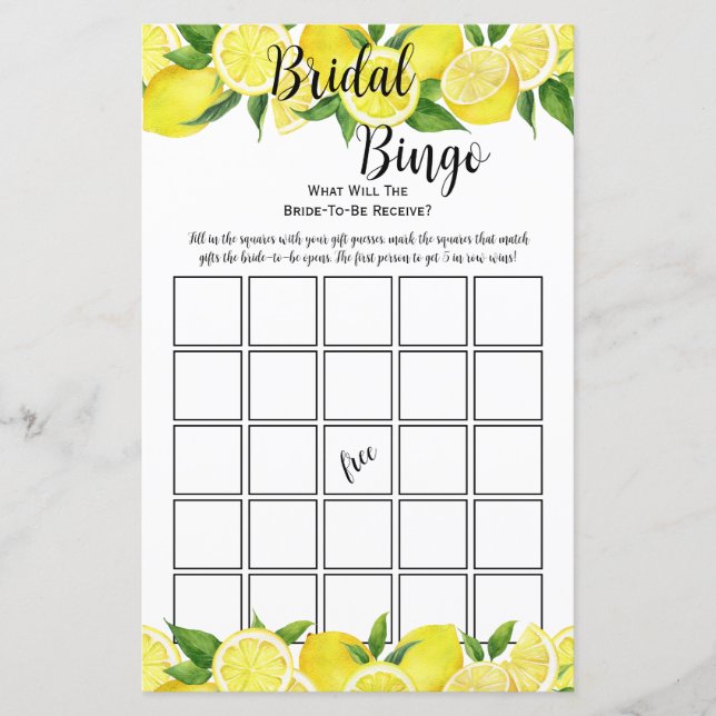 Bingo para Festa de Chá de Noiva de Limão Cítrico  (Frente)