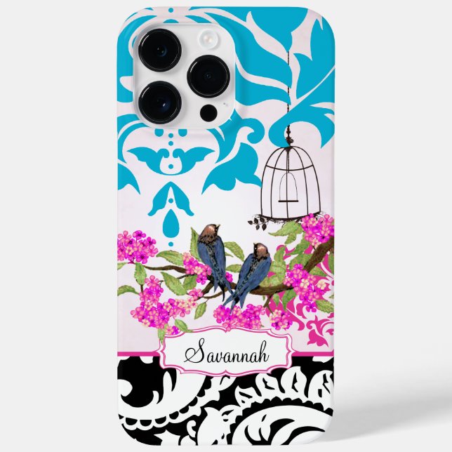 Bircage Love Bird Pink Aqua Damask capas de iphone (Verso)