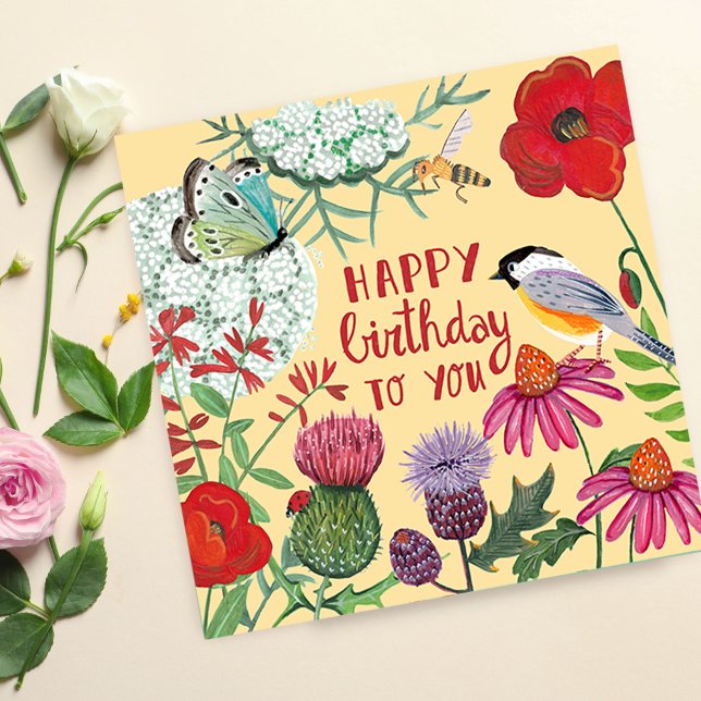 Bird Bird Cartão de Aniversário (Happy Birthday Wildflower Garden Illustration Card)