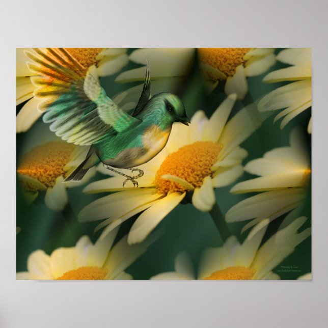 Bird On Yellow Daisies Fantasy Art Poster (Frente)