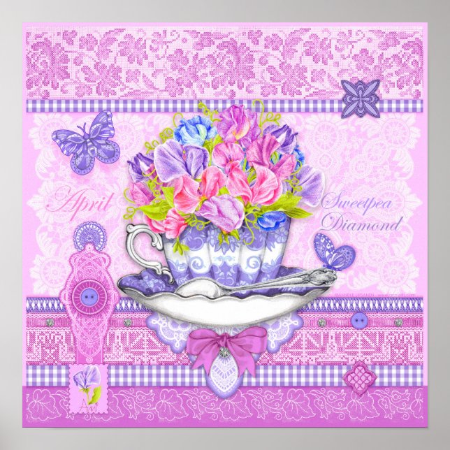 Birth Flower e Gem April Teacup Poster (Frente)