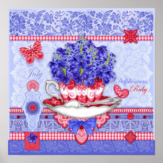 Birth Flower e Gem Julho Teacup Poster (Frente)