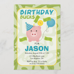 Birthday Bucks Piggy Bank Boy Convite de festas