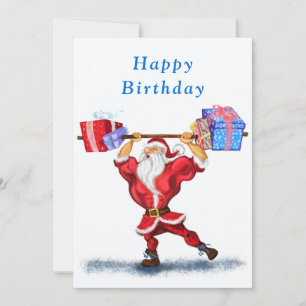 Birthday Card Bodybuilder Santa with Gifts