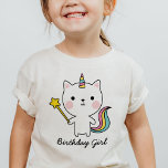 Birthday Girl Cat Unicorn com T-Shirt Wand<br><div class="desc">Celebre o aniversário do seu amado com esta adorável camiseta unicórnica de gato. A design apresenta um meio-unicórnio fofo de meia gata com uma varinha mágica de desejo e as palavras "Garota de aniversário".</div>