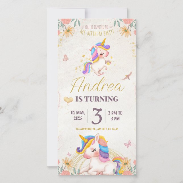 Birthday invitation card. Unicorn for Girls (Frente)