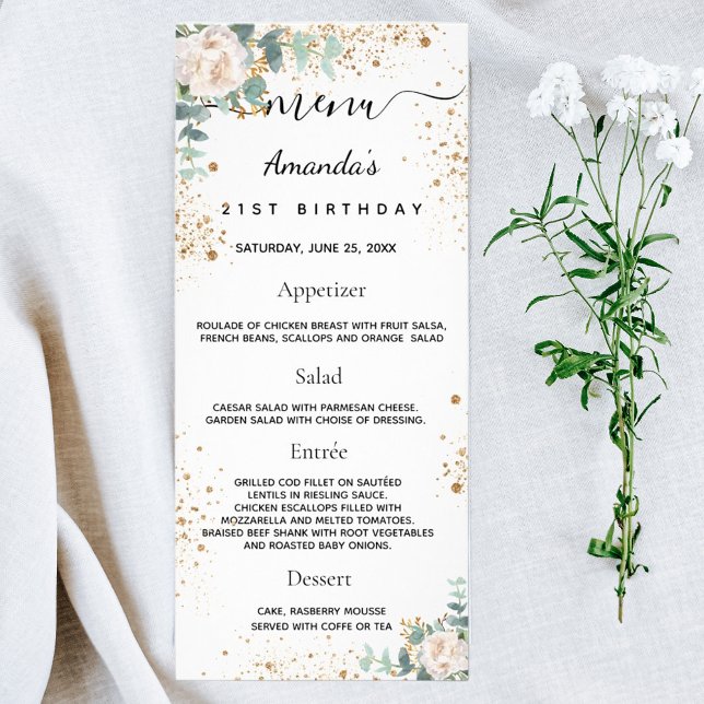 Birthday Menu branco, glitter floral de eucalipto (Criador carregado)