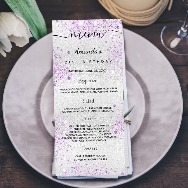 Birthday Menu prateado monograma de metal roxo (Criador carregado)