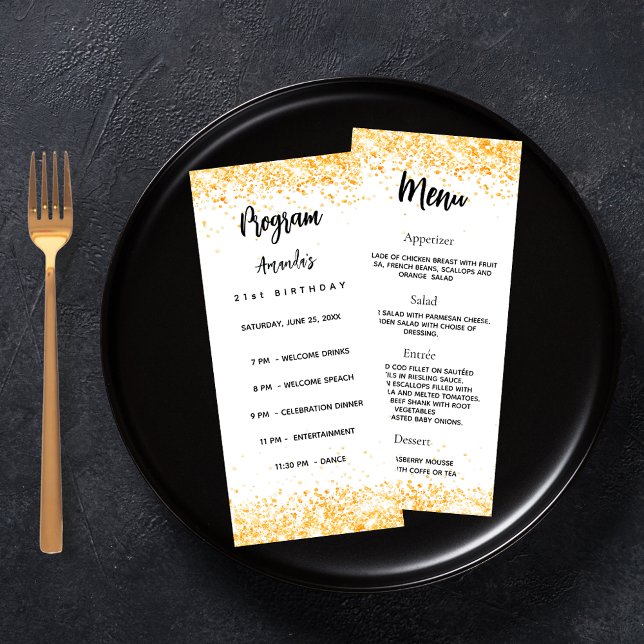 Birthday Progam Menu White gold confetti (Criador carregado)