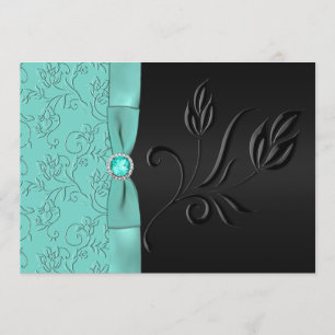 Black and Aqua Floral, Convite para Casamento de J