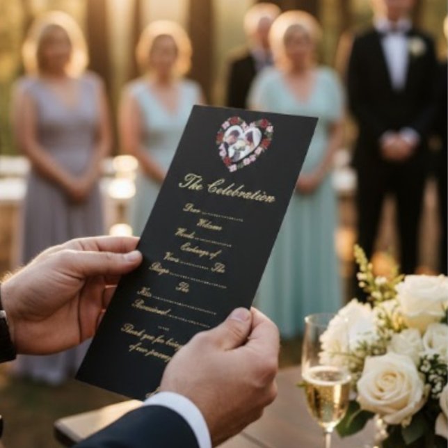 Black and Gold Wedding Program - Floral Rose Heart (Criador carregado)