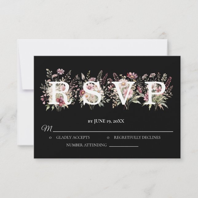 Black and White Spring Floral Wedding RSVP card (Frente)